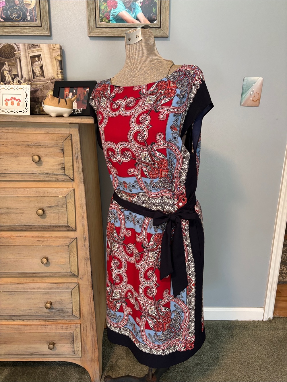 Talbots Red and Light Blue Paisley Lined Hanker-chief Sheath Style Dress